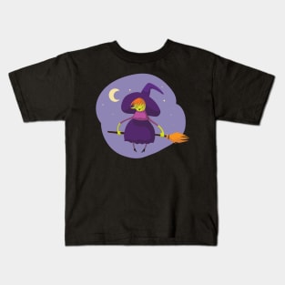 Witch Flying on Broomstick on a Starry Night Kids T-Shirt